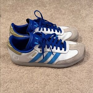 Messi Adidas White and Blue Sneakers with Gold Accents